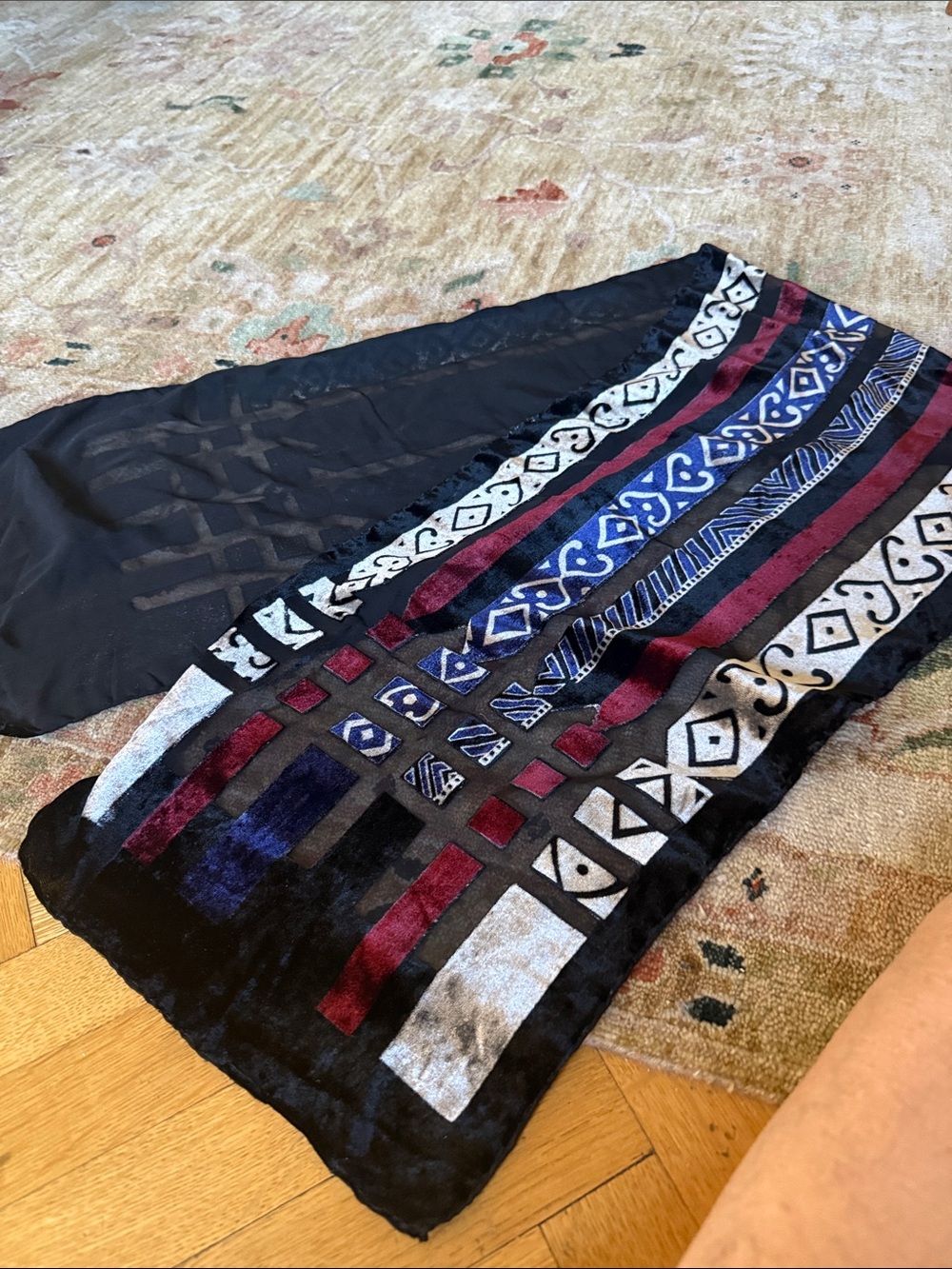 Patterned Black Rectangular Scarf with Geometric Designs in Blue and Maroon